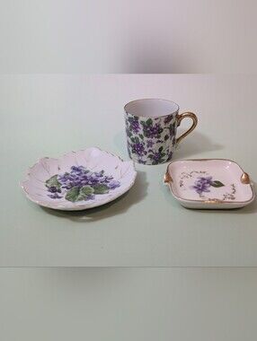 Porcelain Violet Floral Tea Cup and Dishes with Gold Trim